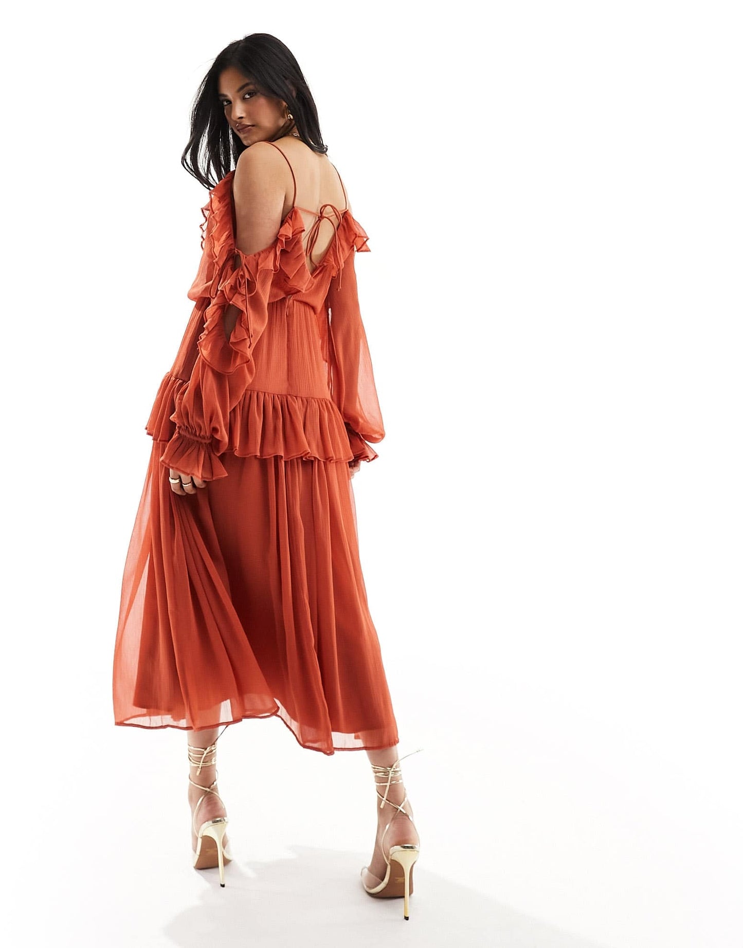 ASOS DESIGN ruffle off shoulder midi dress in rust