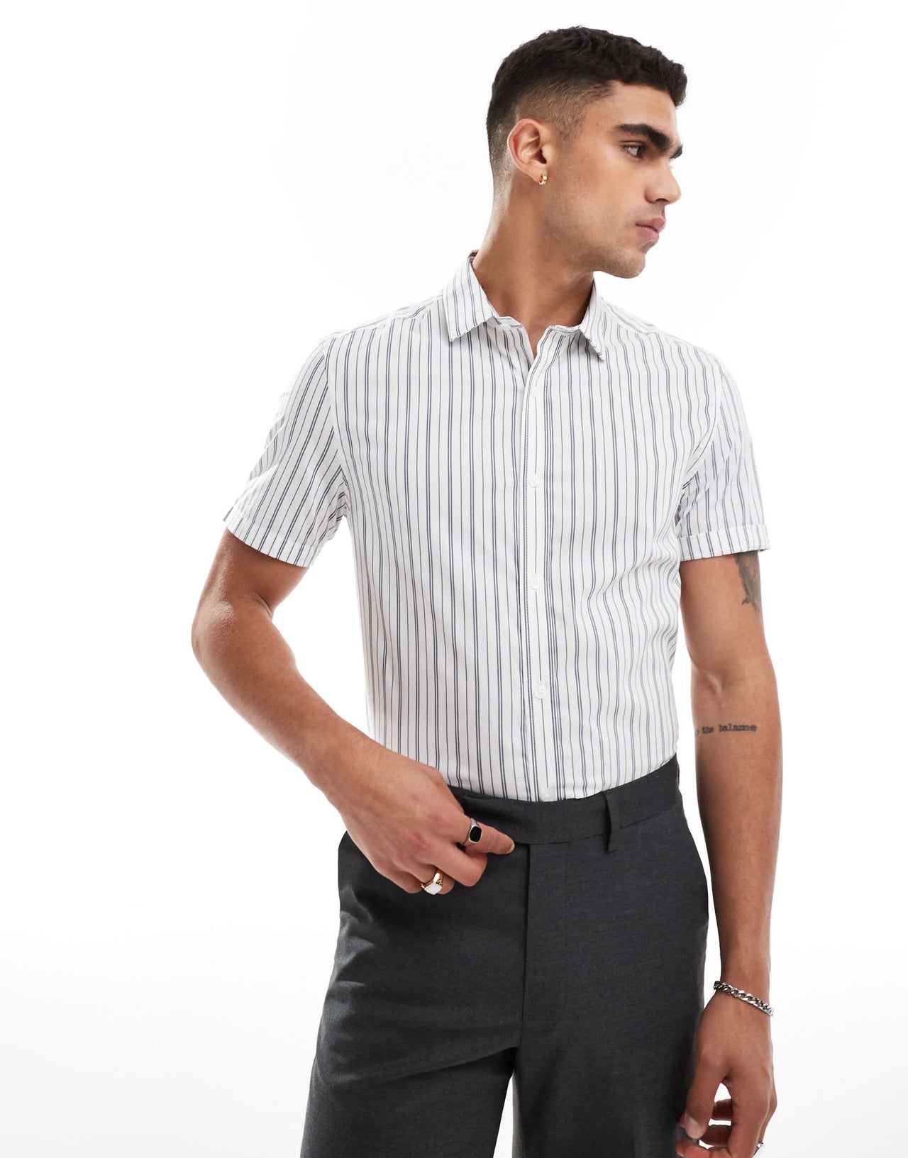 ASOS DESIGN stretch slim fit stripe work shirt with roll sleeves in black and white