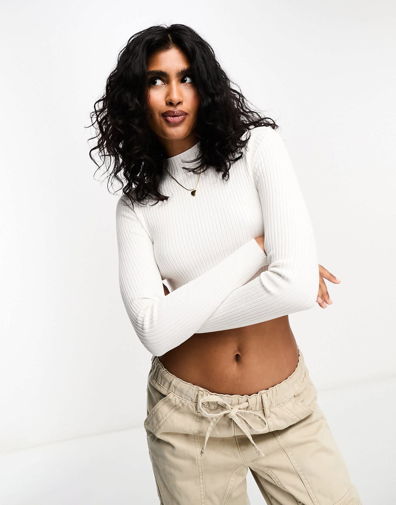 Bershka high neck cropped jumper in white