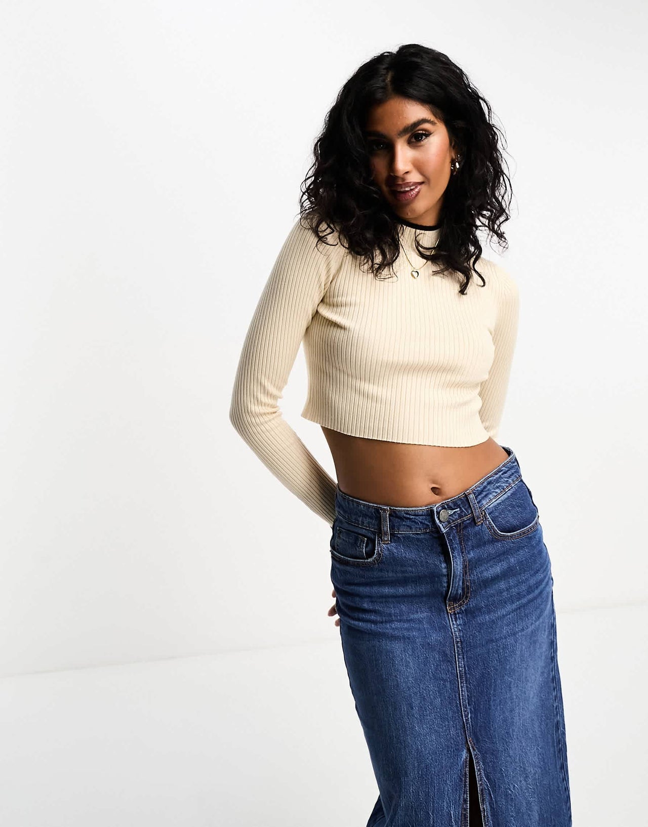 Bershka high neck contrast trim cropped jumper in beige