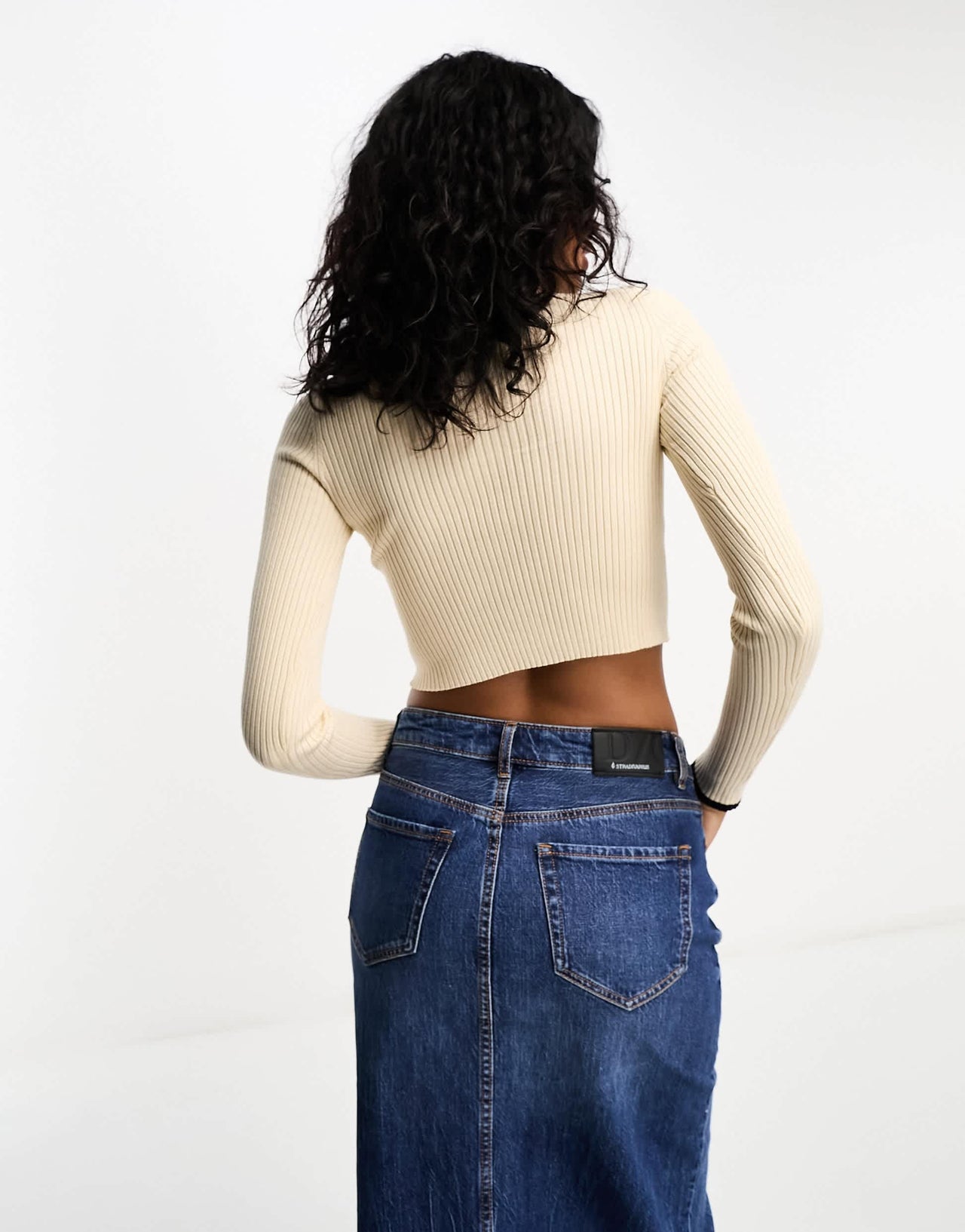 Bershka high neck contrast trim cropped jumper in beige
