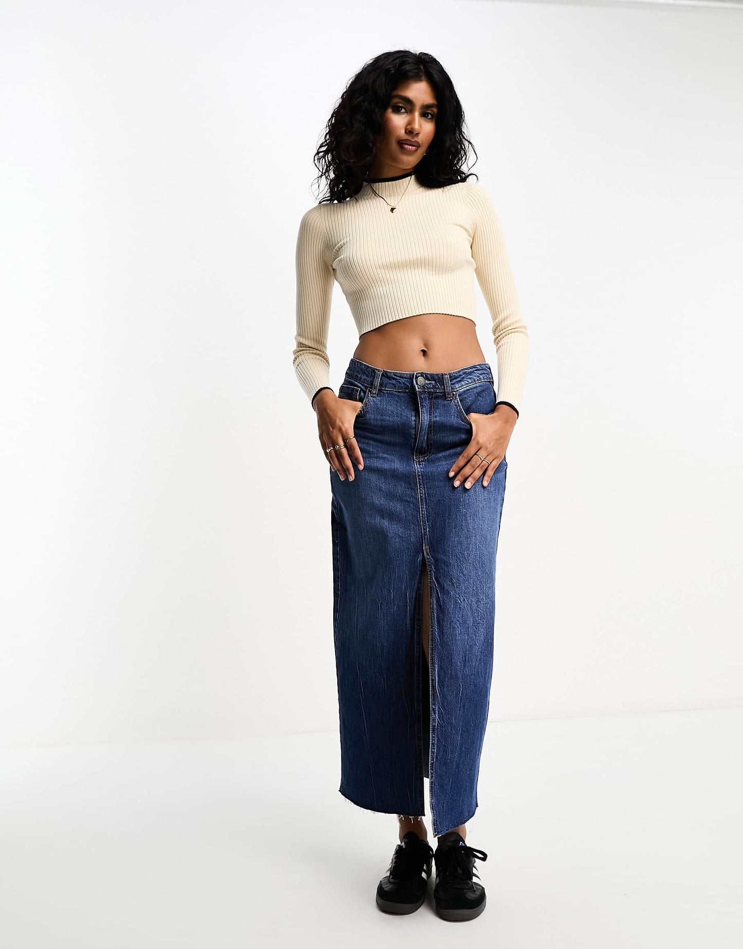Bershka high neck contrast trim cropped jumper in beige