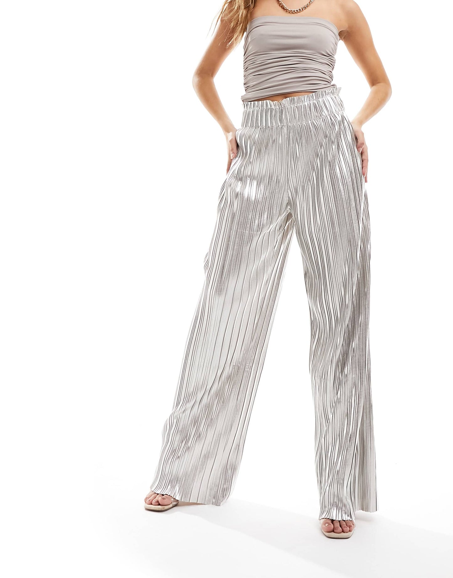 Y.A.S plisse wide leg trousers in metallic silver