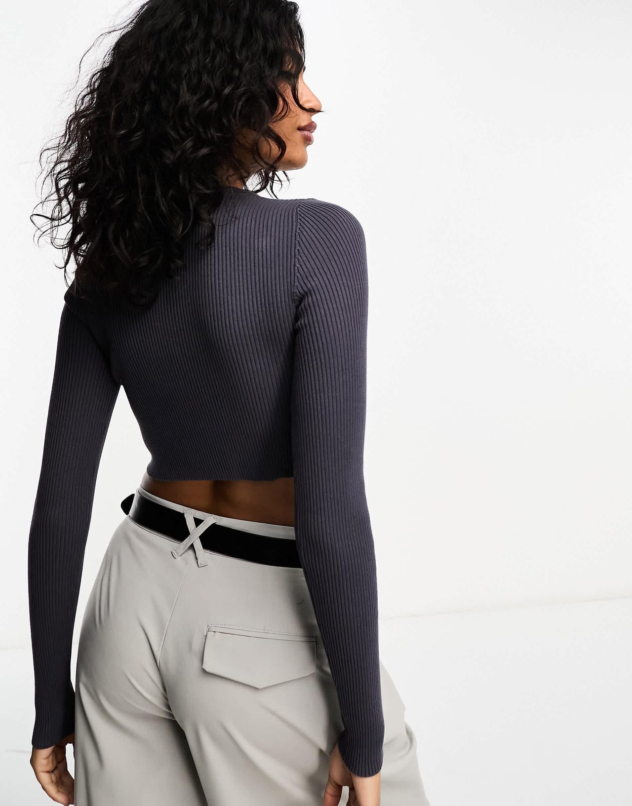 Bershka crew neck cropped jumper in dark grey