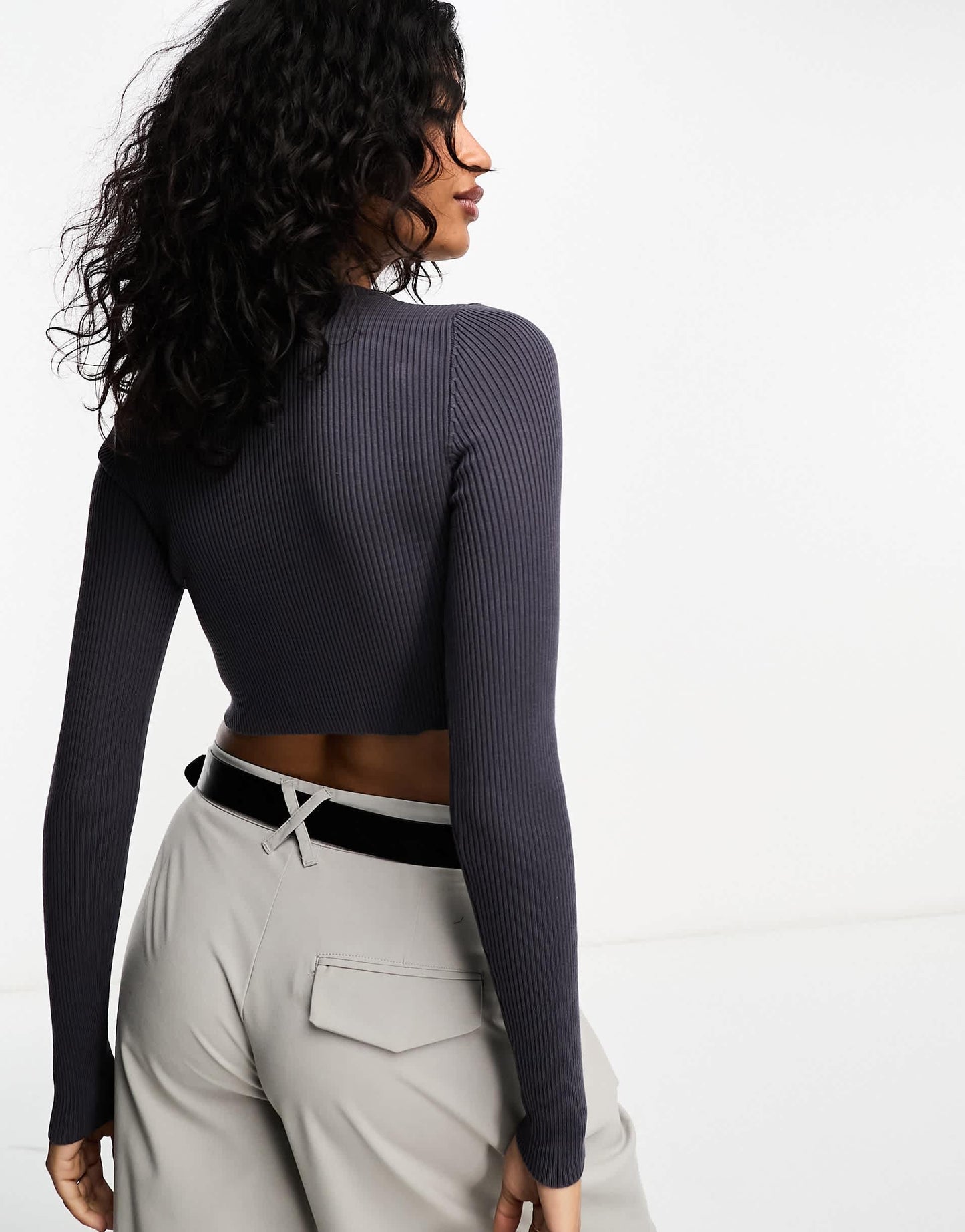 Bershka crew neck cropped jumper in dark grey