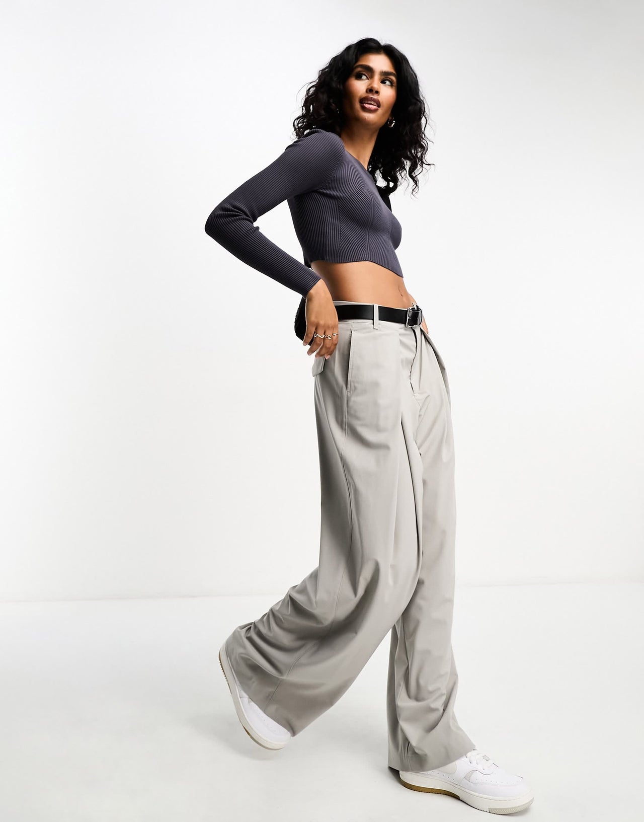 Bershka crew neck cropped jumper in dark grey