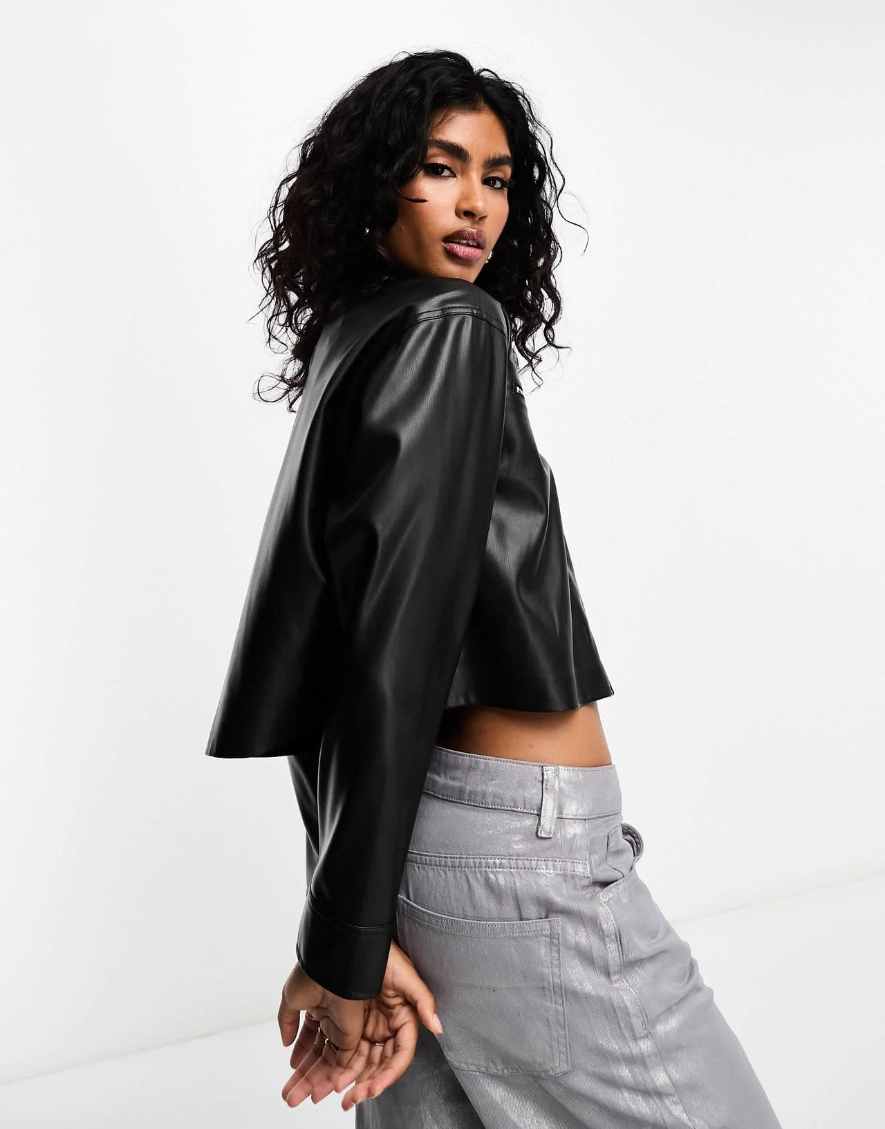 Bershka cropped faux leather overshirt in black