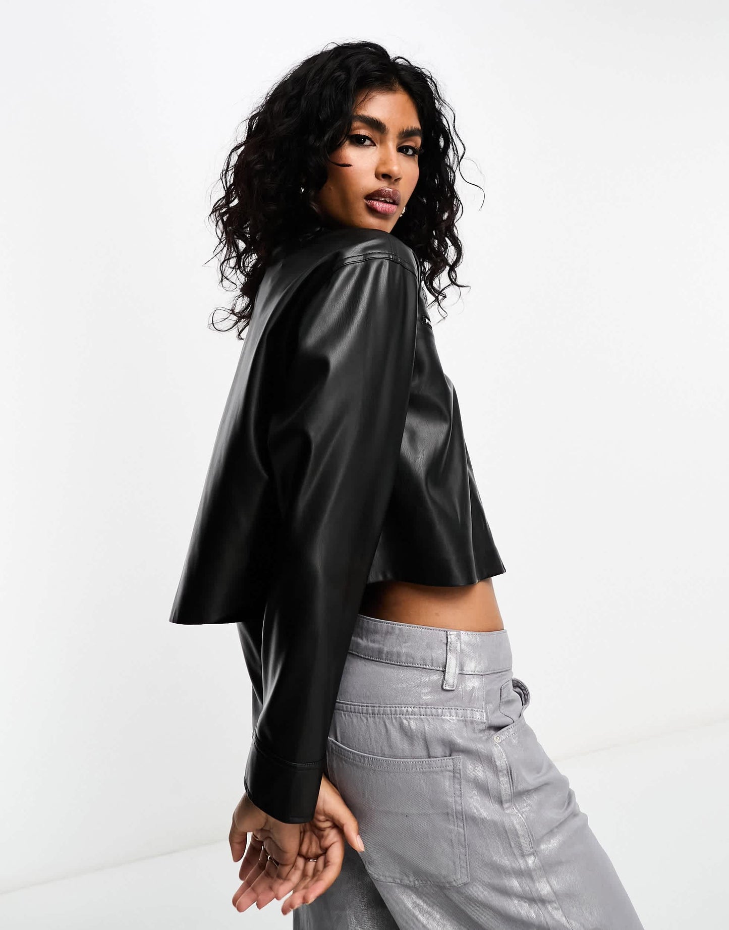 Bershka cropped faux leather overshirt in black