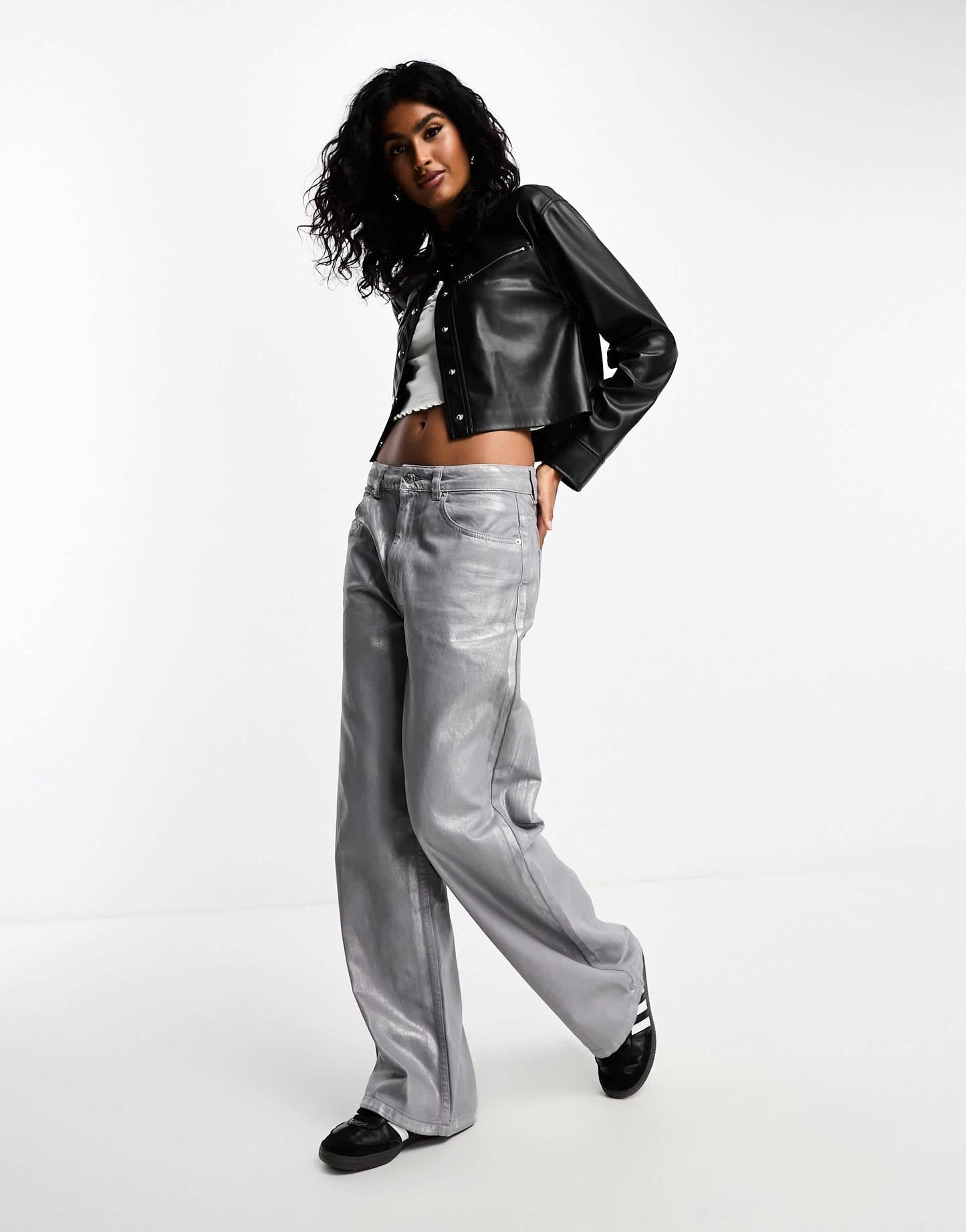 Bershka cropped faux leather overshirt in black