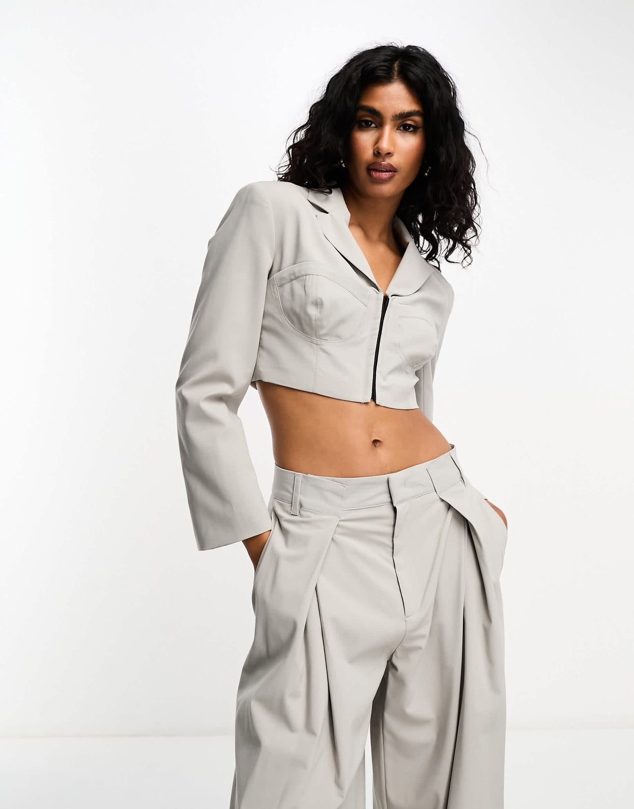 Bershka corset detail cropped blazer co-ord in stone