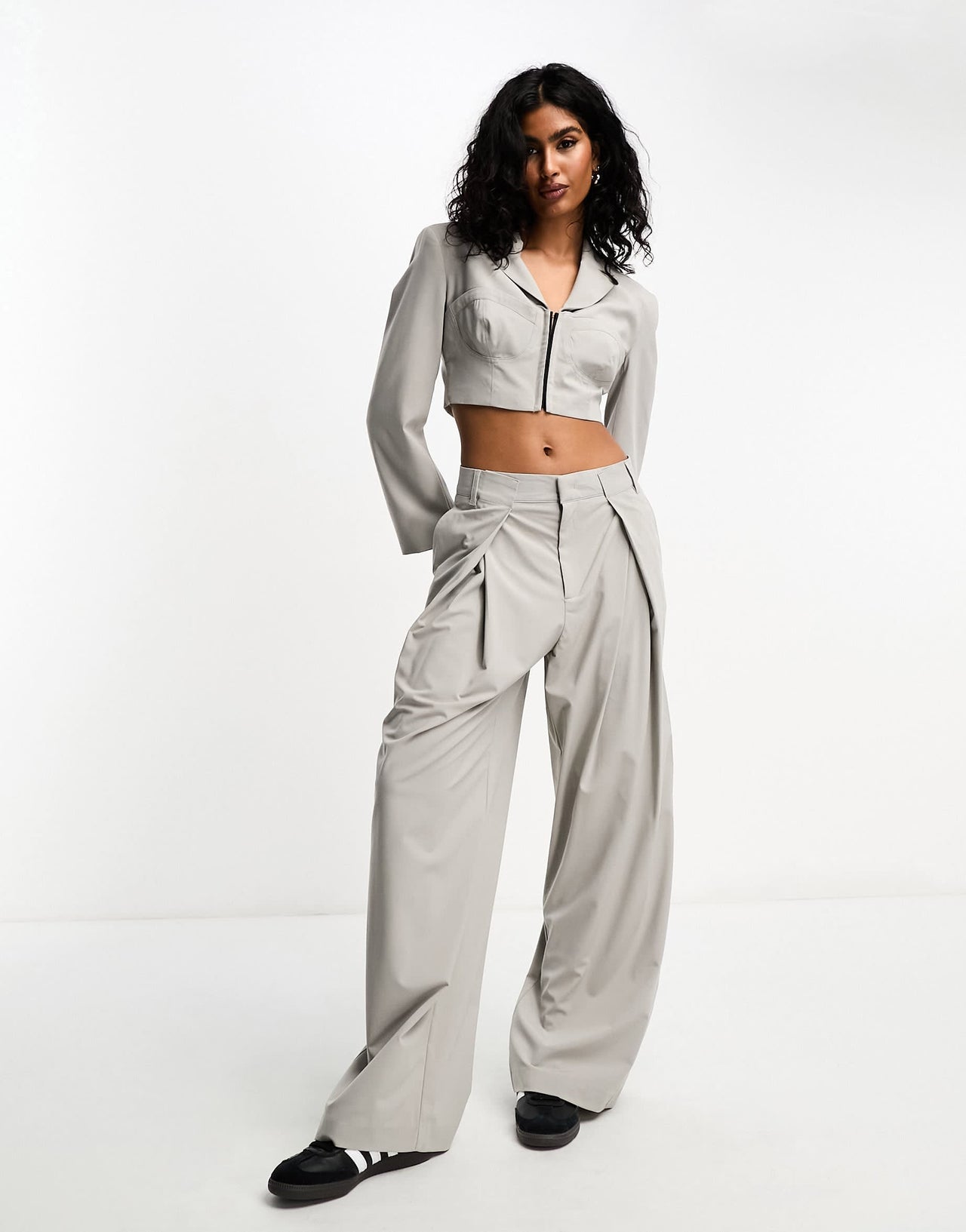 Bershka corset detail cropped blazer co-ord in stone