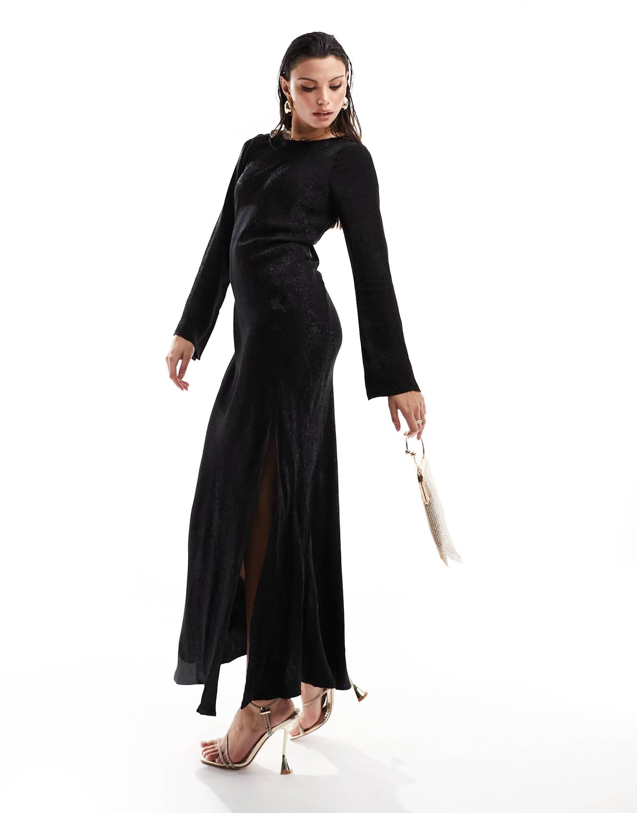 Nobody's Child satin jacquard maxi dress with thigh split in black