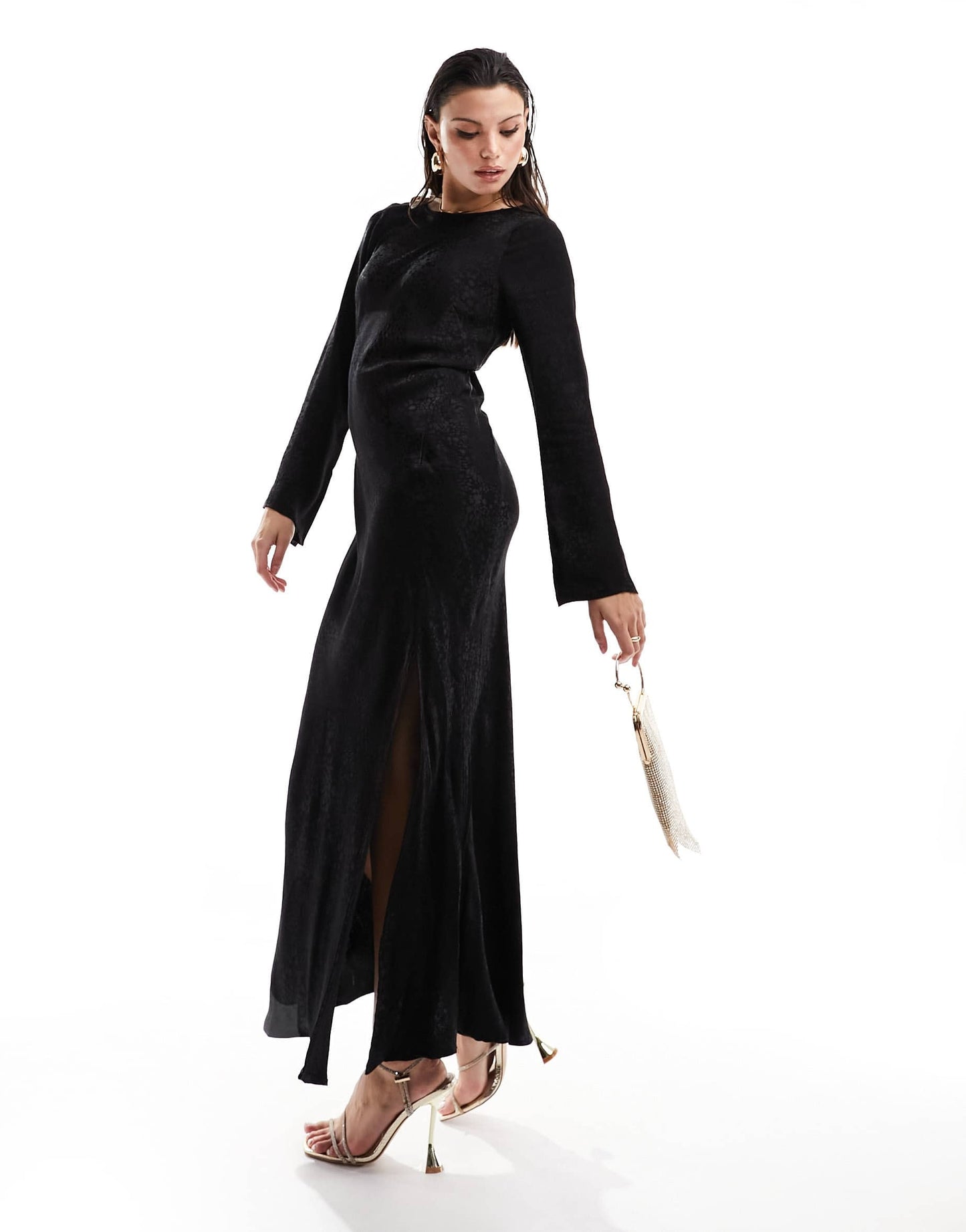 Nobody's Child satin jacquard maxi dress with thigh split in black