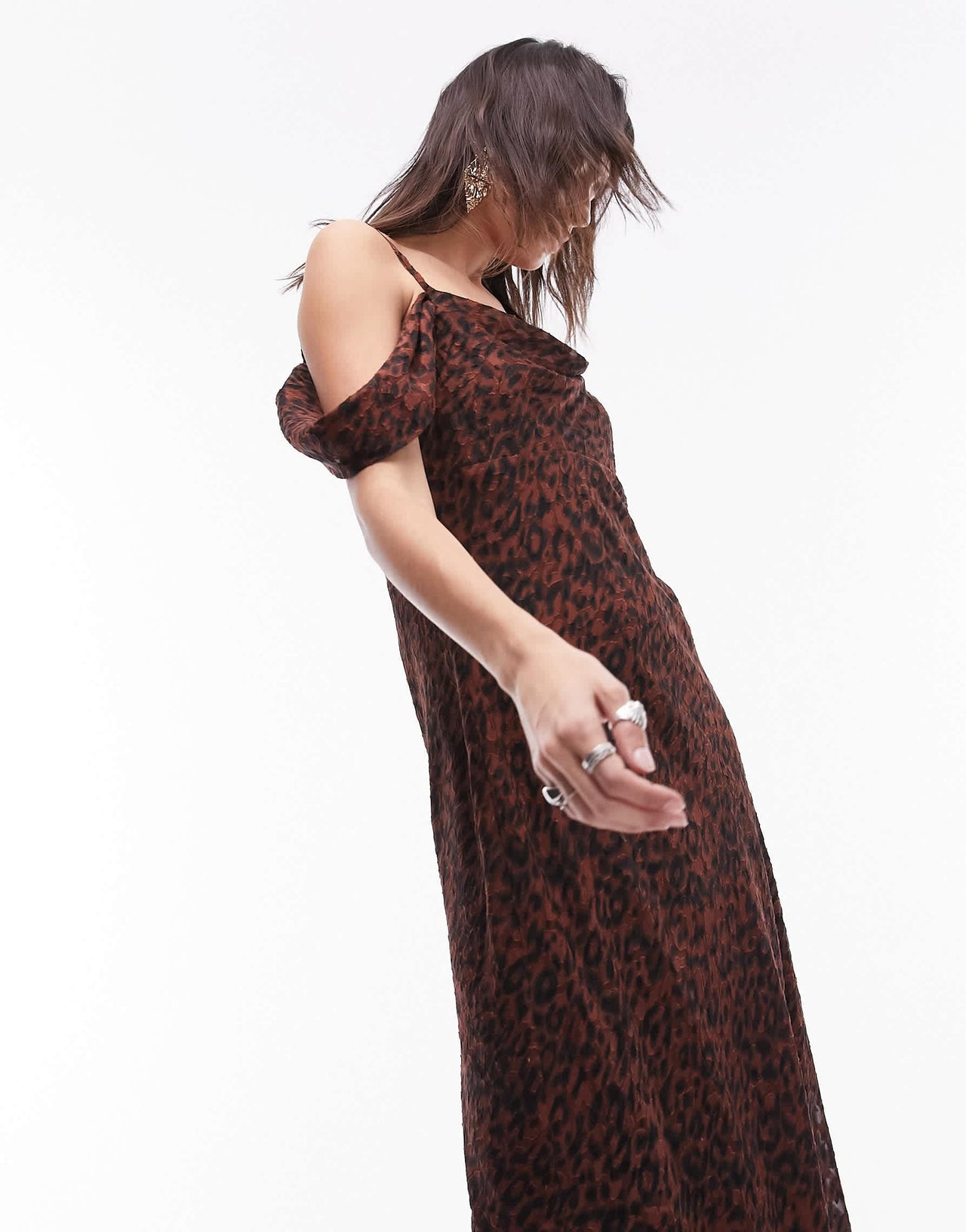 Topshop Premium off shoulder cami midi dress in animal jacquard print