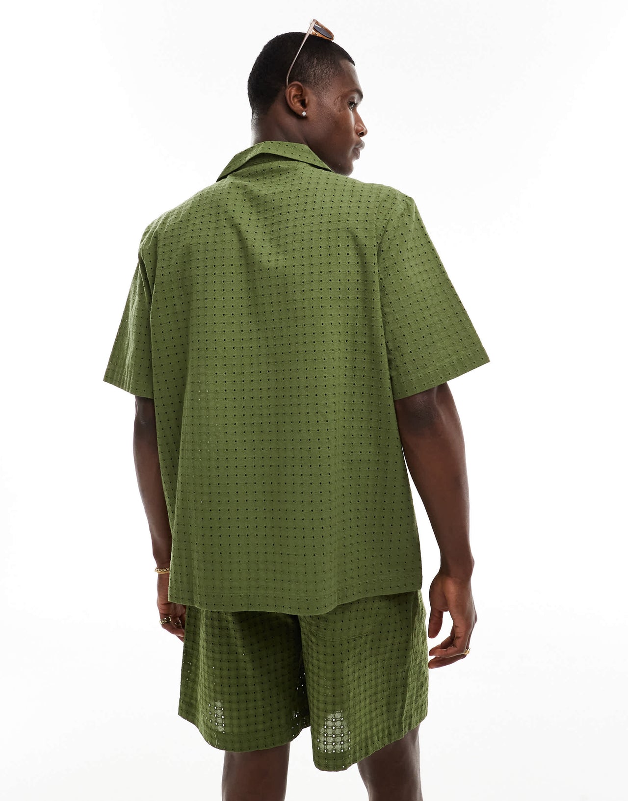 ASOS DESIGN co-ord short sleeve relaxed fit revere collar broderie shirt in khaki green