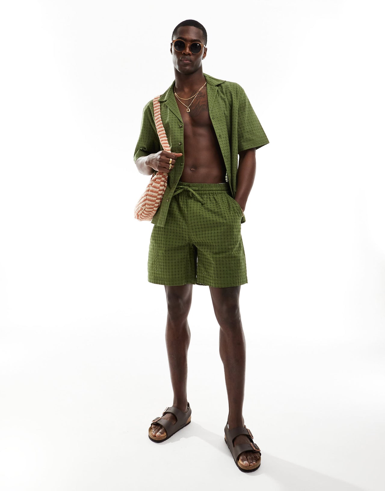 ASOS DESIGN co-ord short sleeve relaxed fit revere collar broderie shirt in khaki green