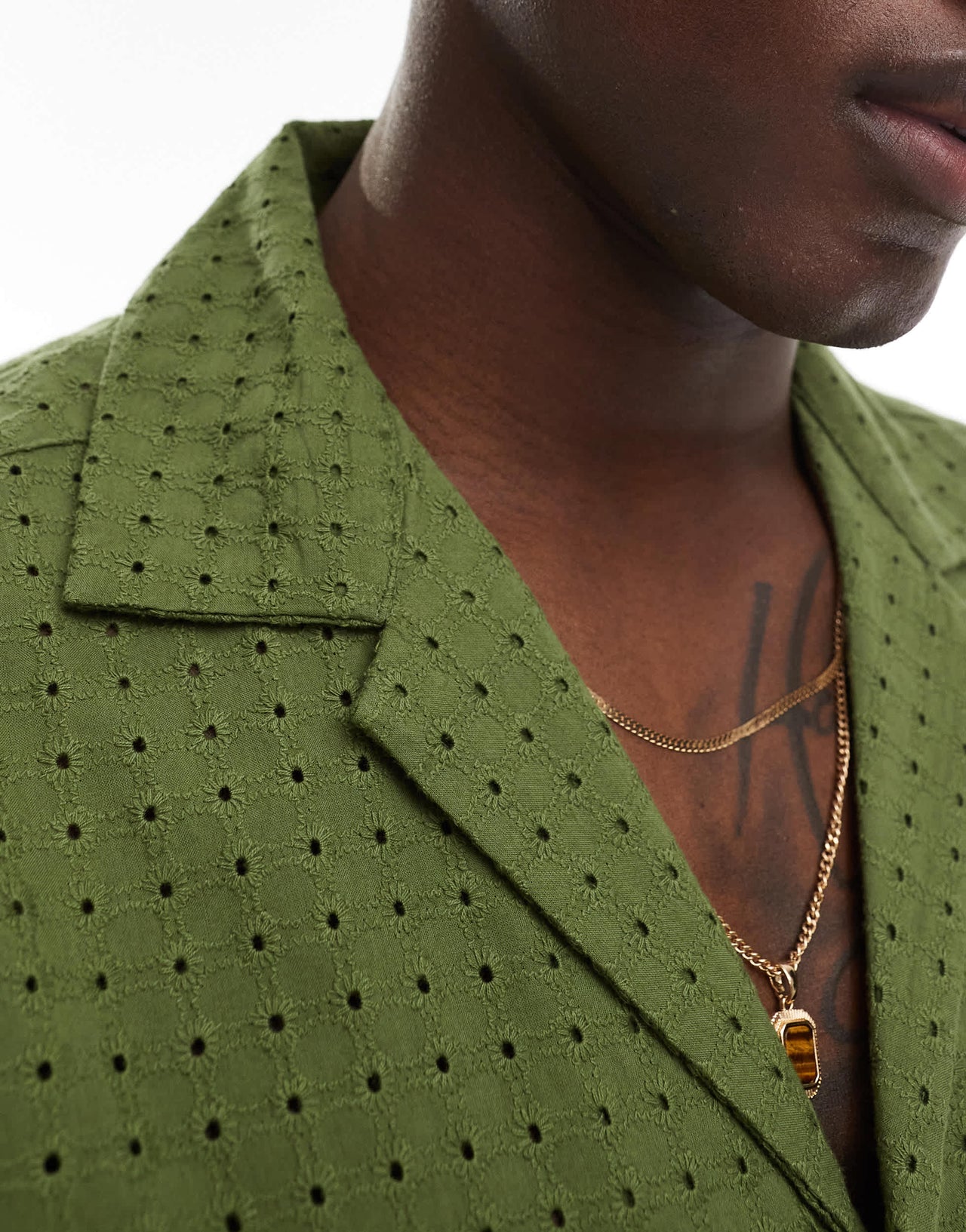 ASOS DESIGN co-ord short sleeve relaxed fit revere collar broderie shirt in khaki green