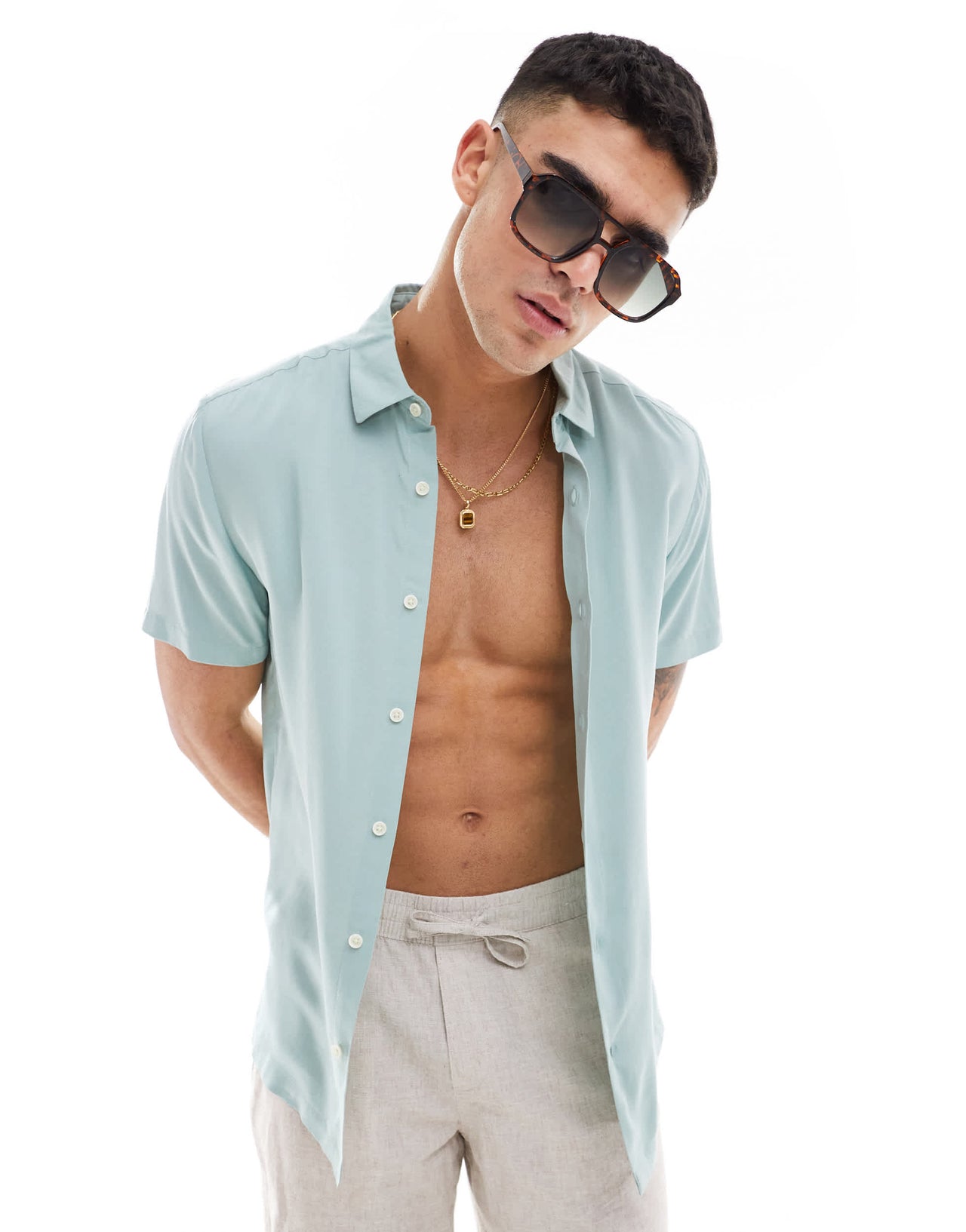 ASOS DESIGN short sleeve regular fit viscose shirt in sage green