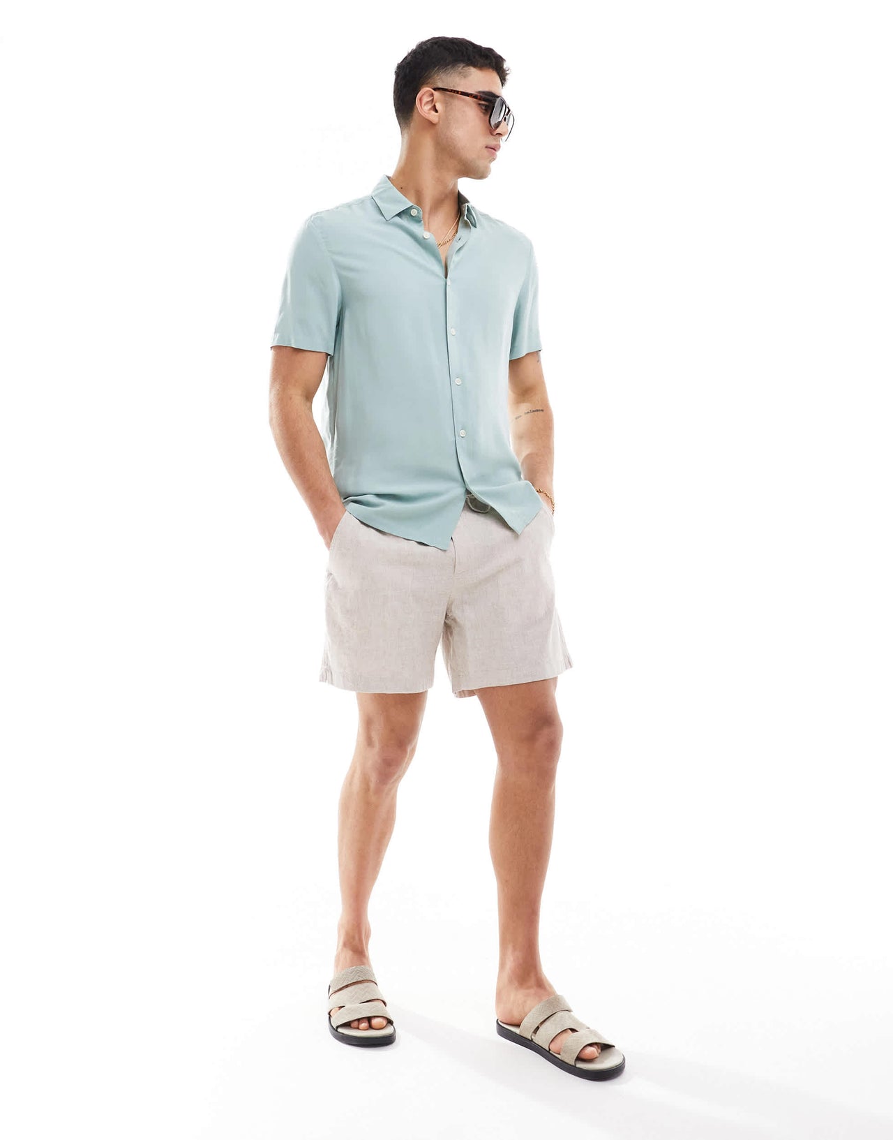 ASOS DESIGN short sleeve regular fit viscose shirt in sage green