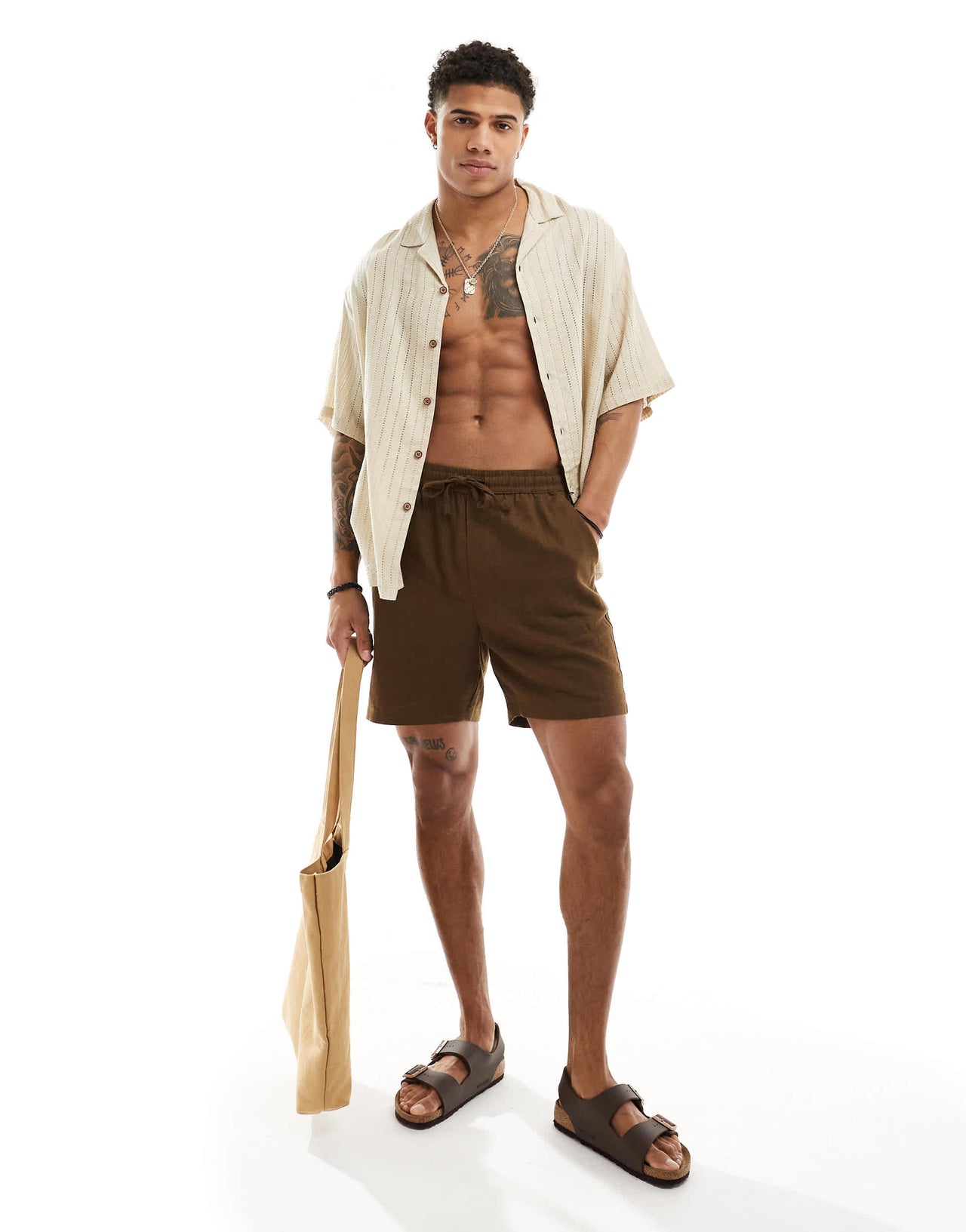 ASOS DESIGN short sleeve oversized revere collar textured linear shirt in stone