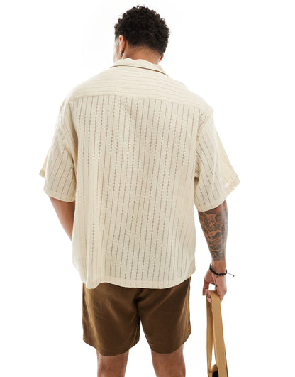 ASOS DESIGN short sleeve oversized revere collar textured linear shirt in stone
