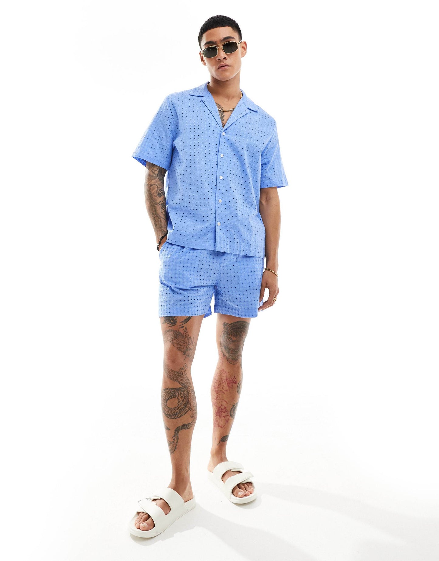 ASOS DESIGN co-ord short sleeve relaxed fit revere collar broderie shirt in dusty blue