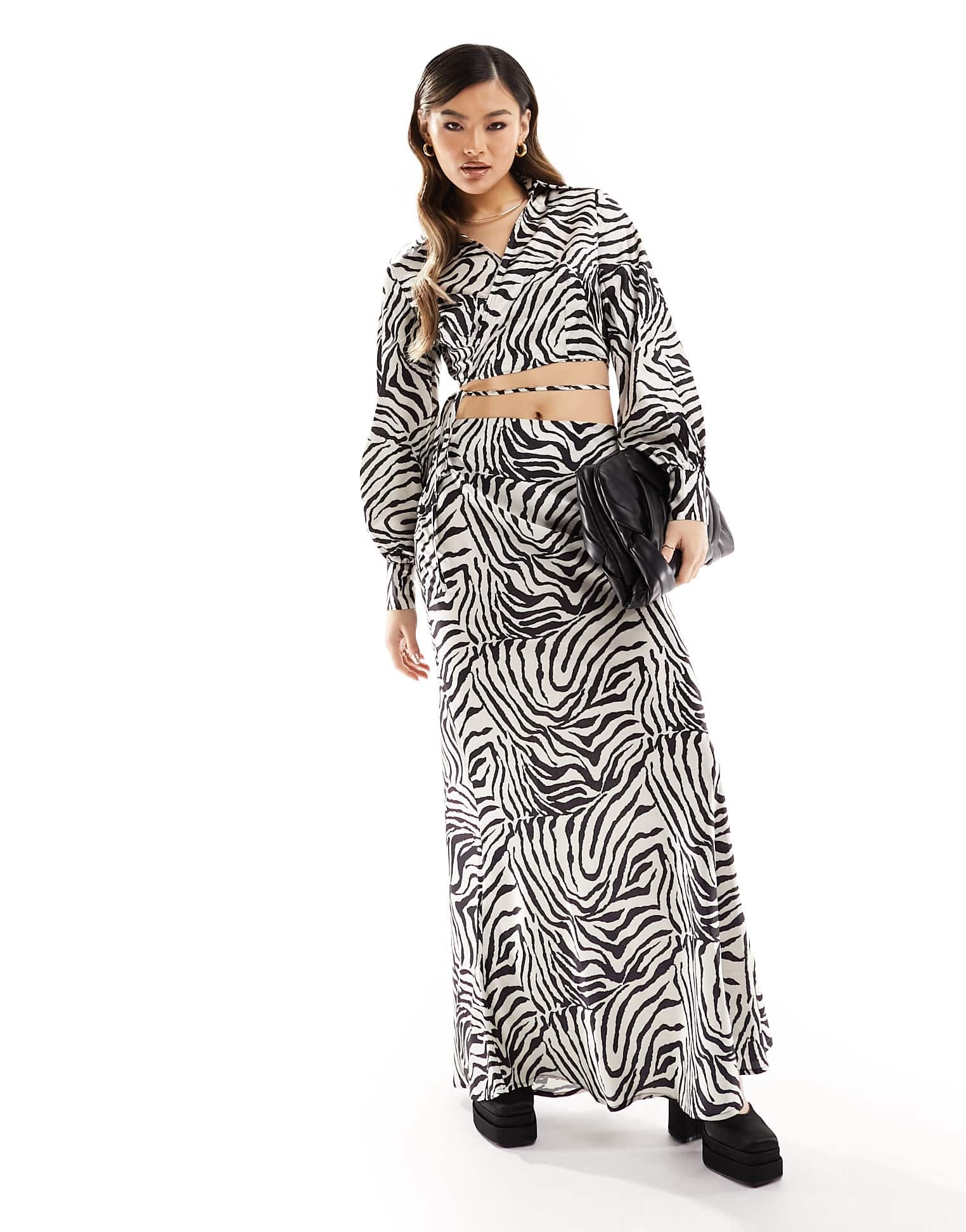 In The Style exclusive satin fishtail maxi skirt co-ord in zebra