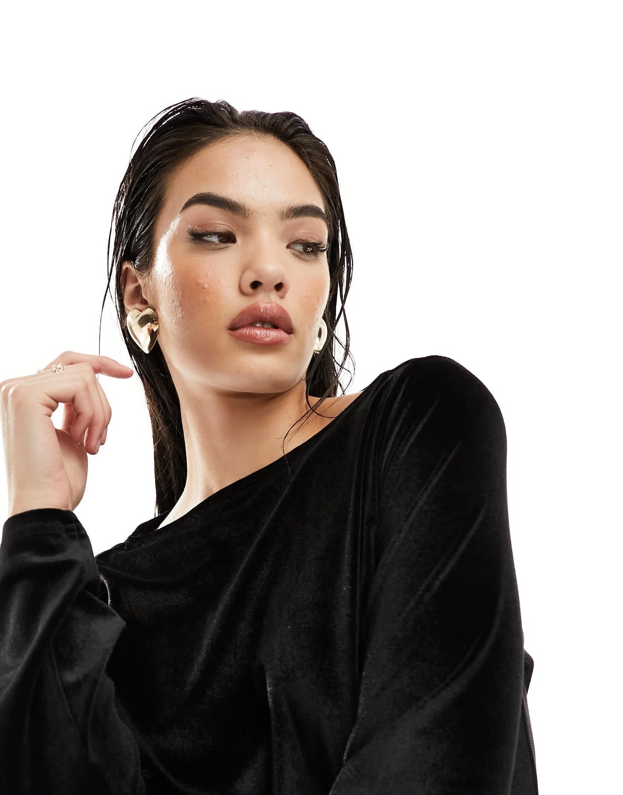 Monki long sleeve velvet mini dress in black