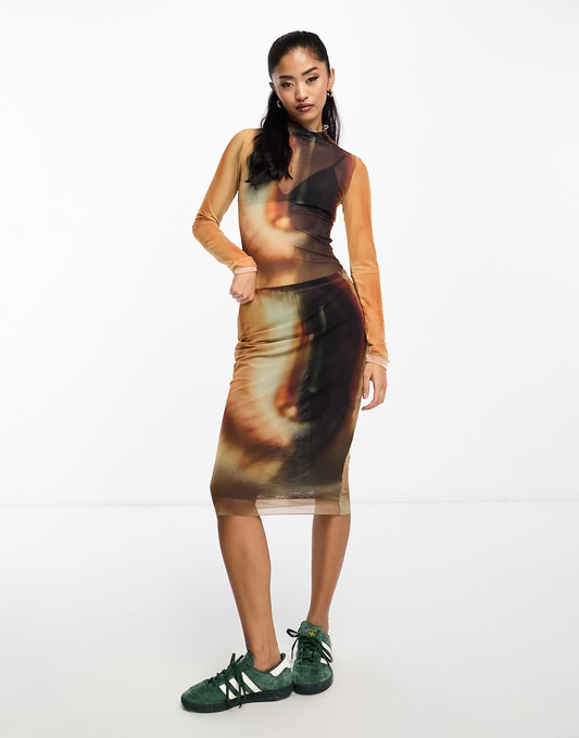 Monki co-ord mesh midi skirt in brown eye print