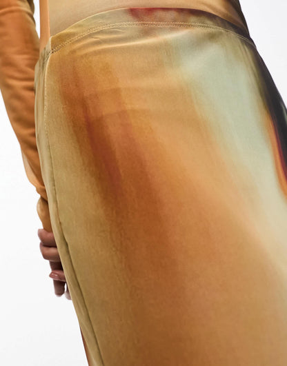 Monki co-ord mesh midi skirt in brown eye print
