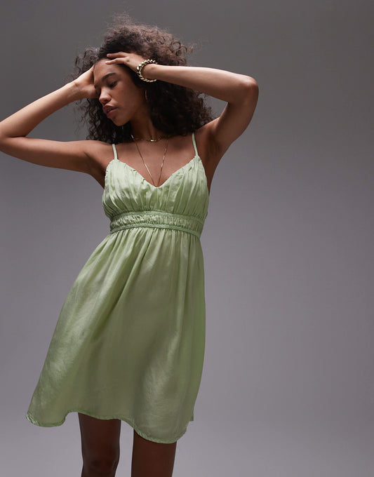 Topshop acid wash shirred channelled mini dress in green