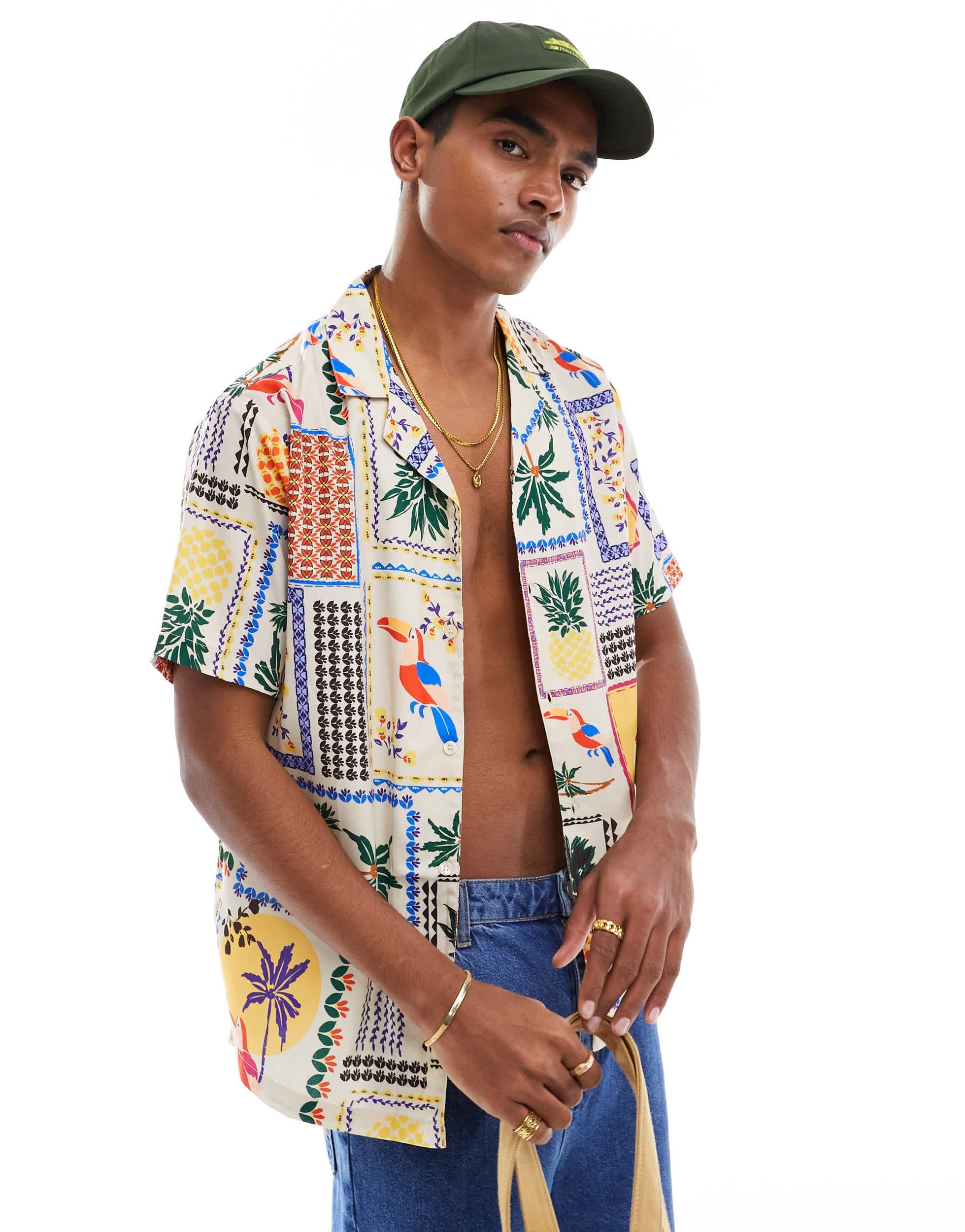 Another Influence short sleeve printed revere collar shirt in yellow