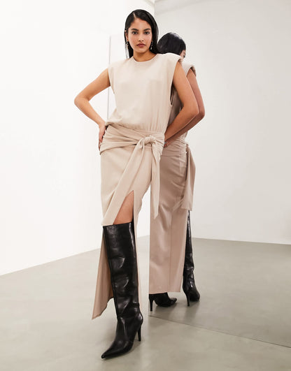 ASOS EDITION textured jersey shoulder pad midaxi dress with knot detail in mocha