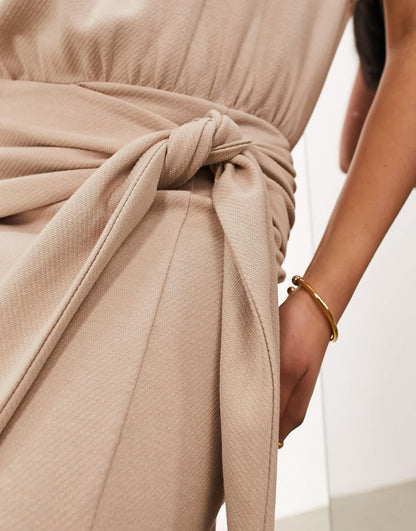 ASOS EDITION textured jersey shoulder pad midaxi dress with knot detail in mocha
