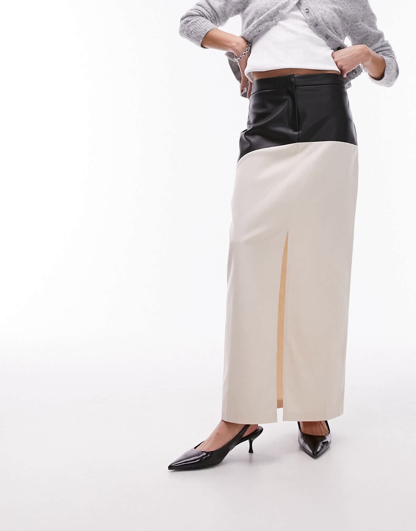 Topshop twill maxi skirt in cream with contrast PU trim in black