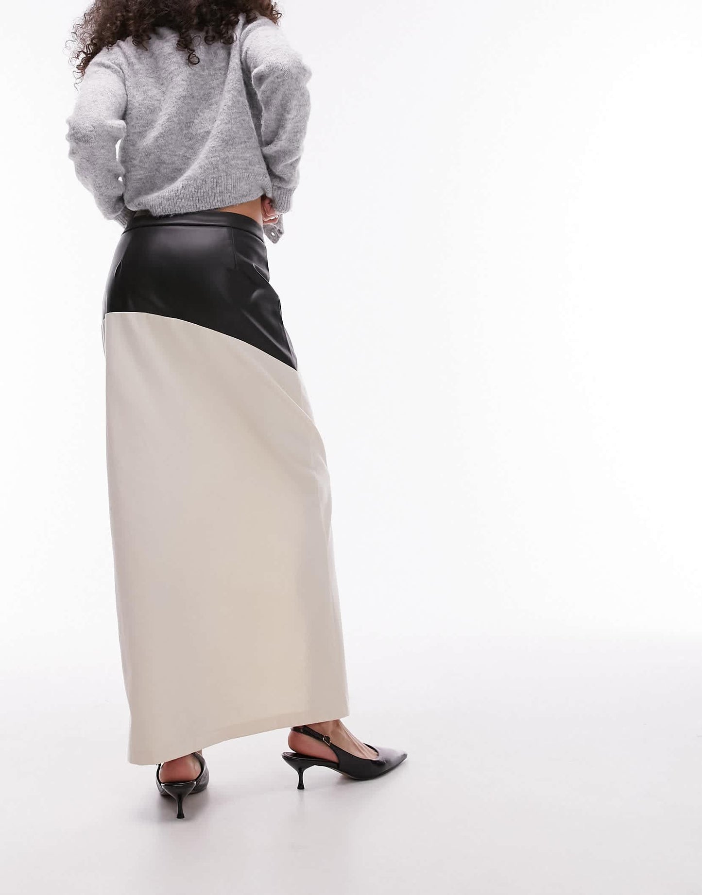 Topshop twill maxi skirt in cream with contrast PU trim in black