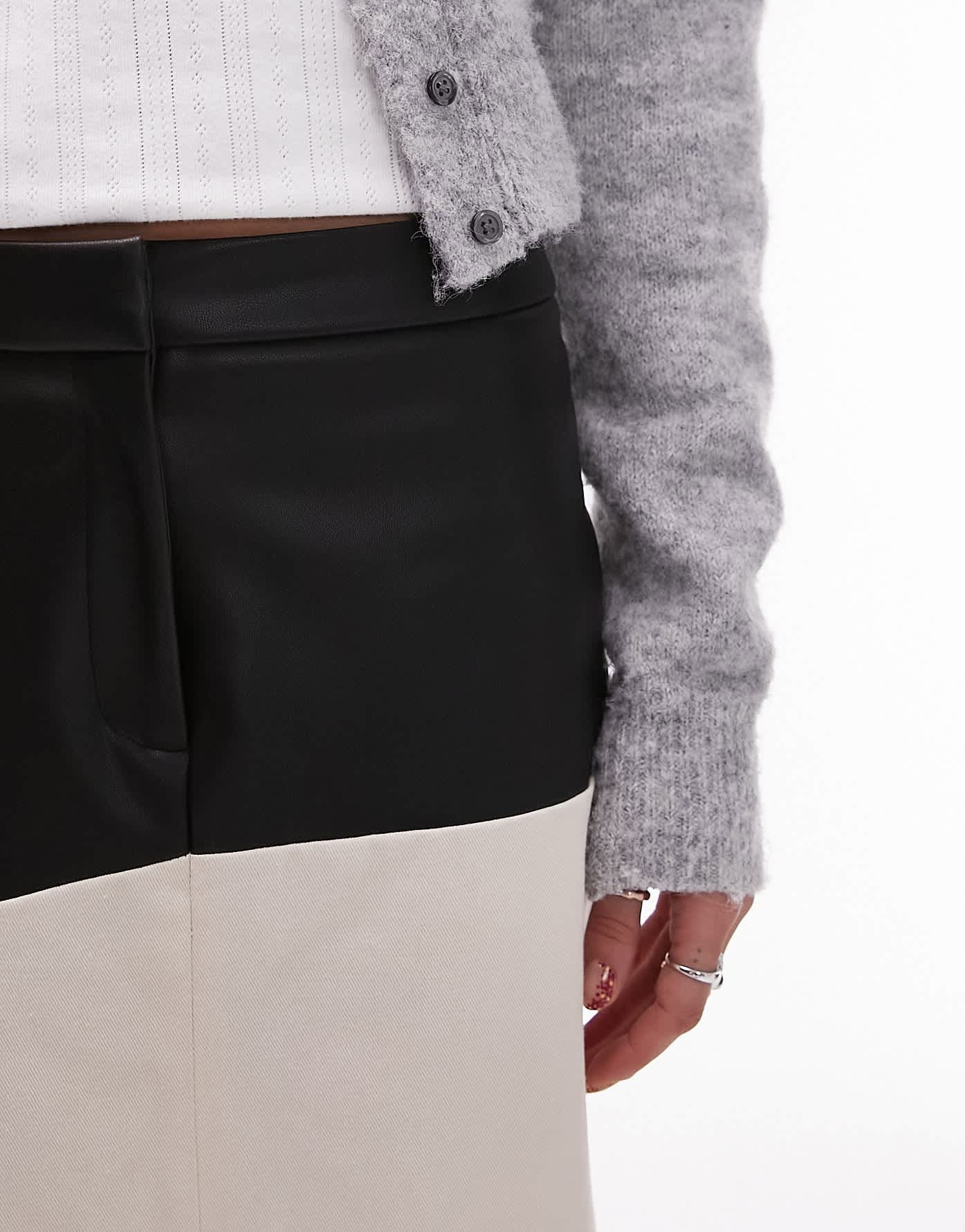 Topshop twill maxi skirt in cream with contrast PU trim in black