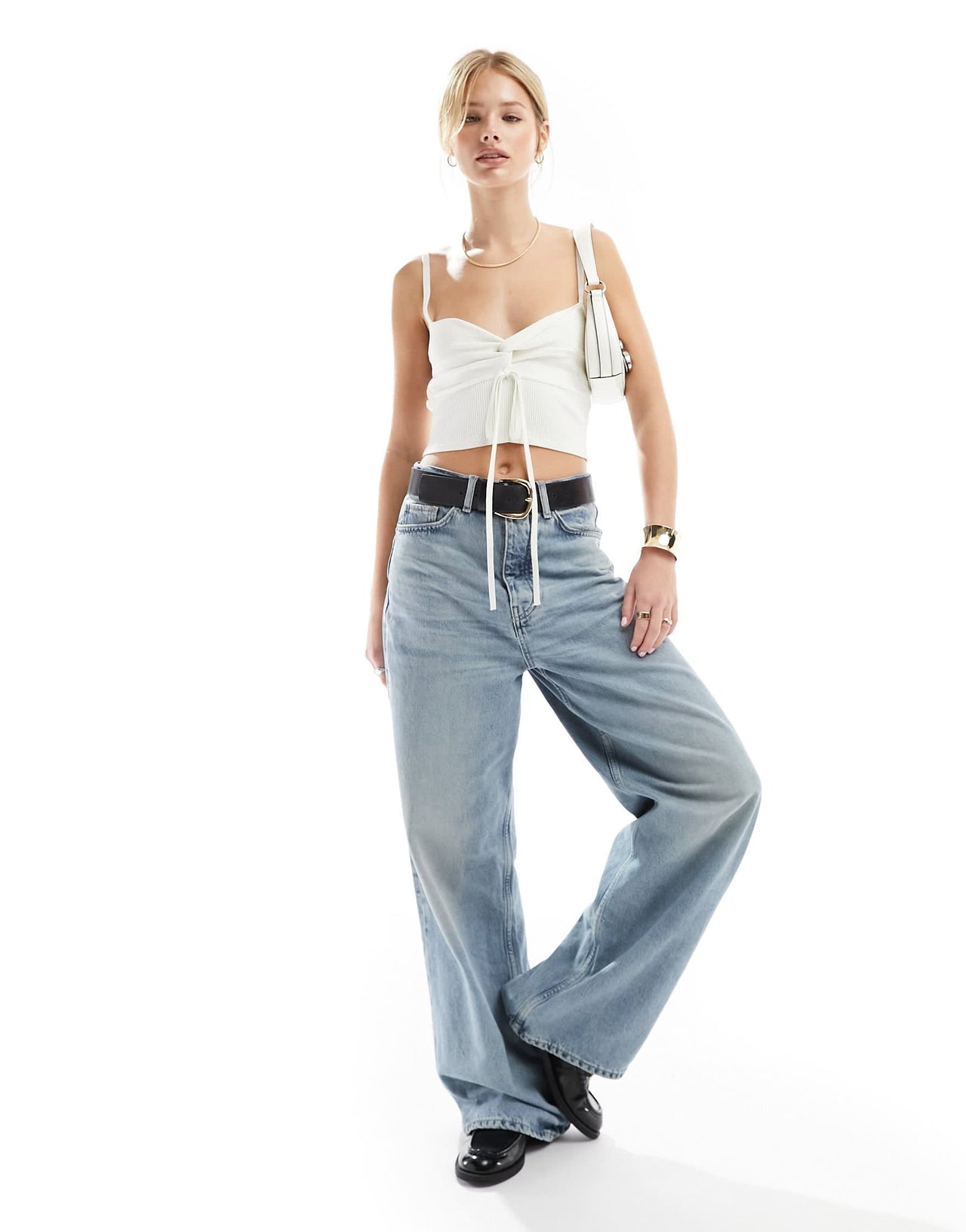 Miss Selfridge knit rib twist detail cami in cream