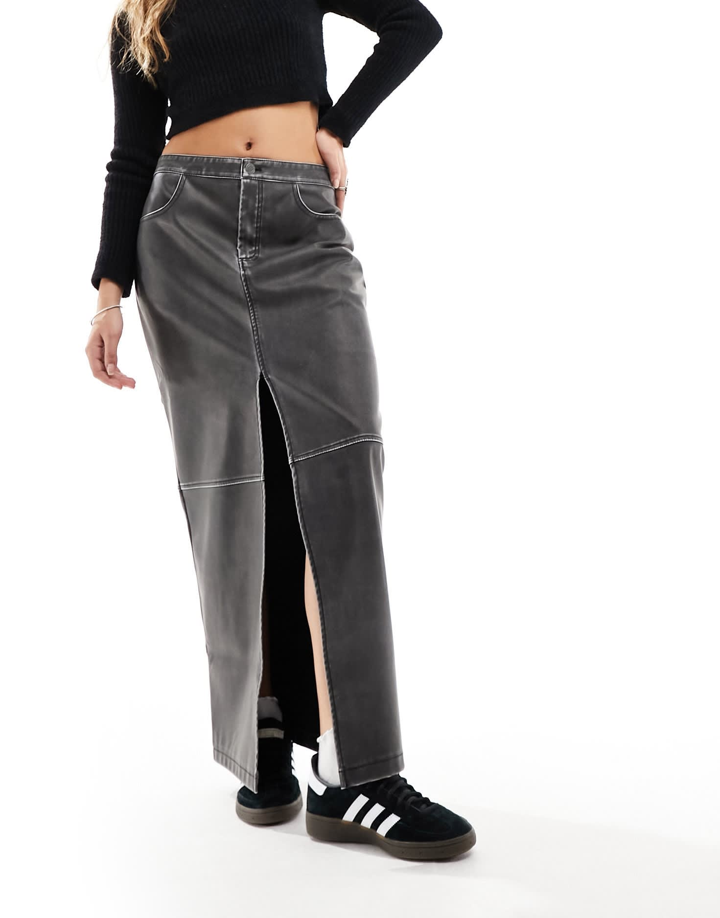 Stradivarius STR faux leather maxi skirt in washed black