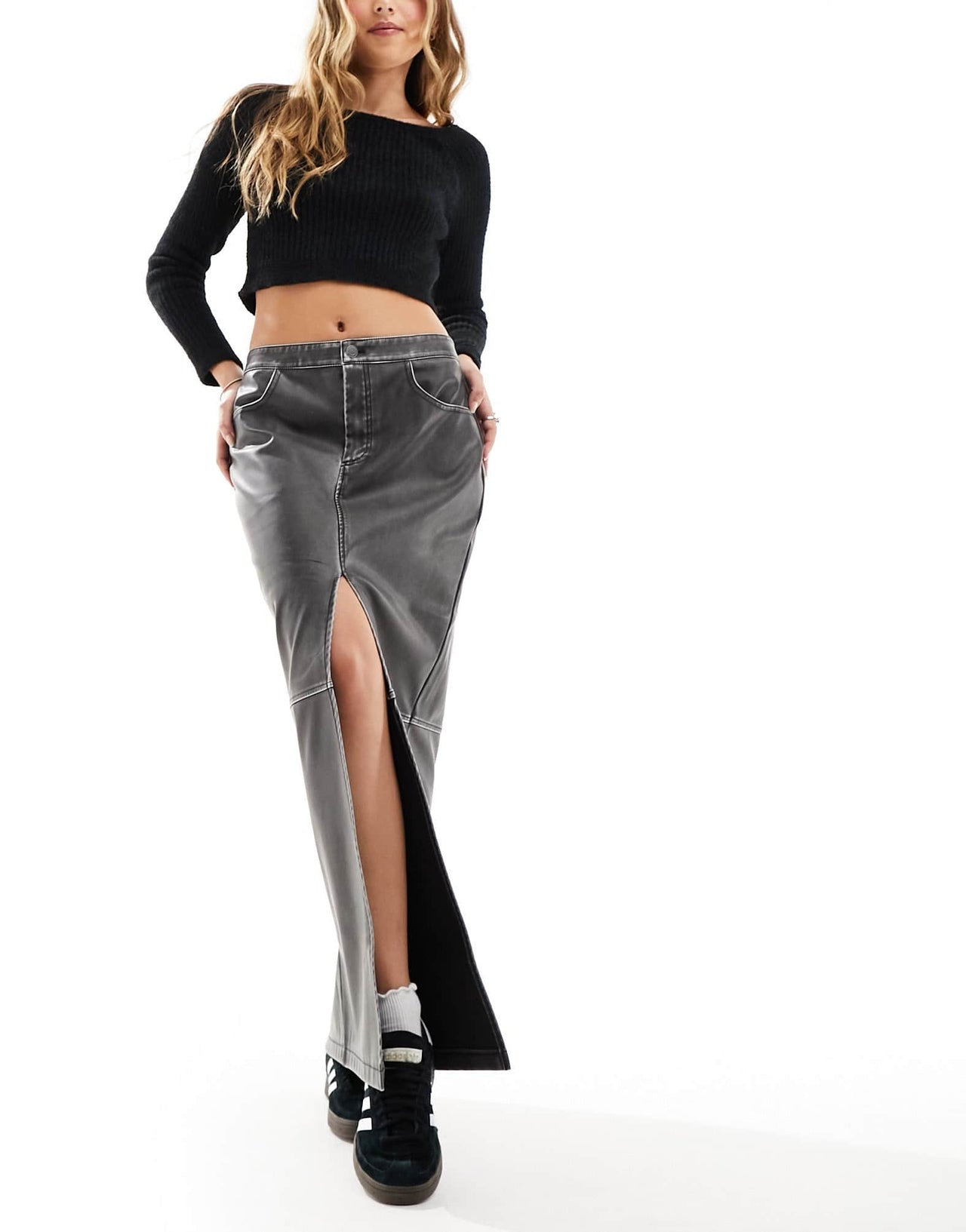 Stradivarius STR faux leather maxi skirt in washed black