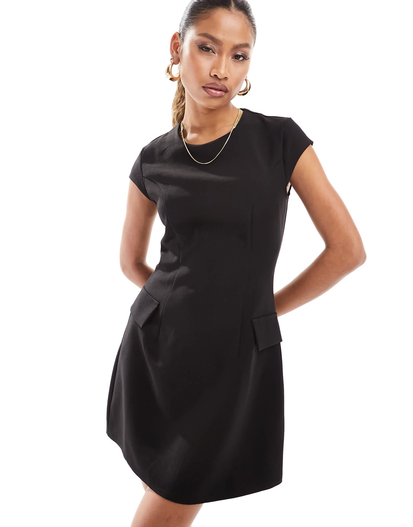 Kaiia exclusive tailored pocket detail cap sleeve mini dress in black