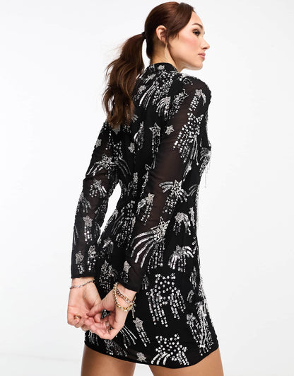 River Island long sleeve star embellished mini dress in black