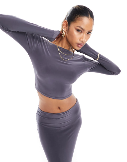 Kaiia exclusive double layered slinky low back top co-ord in slate blue