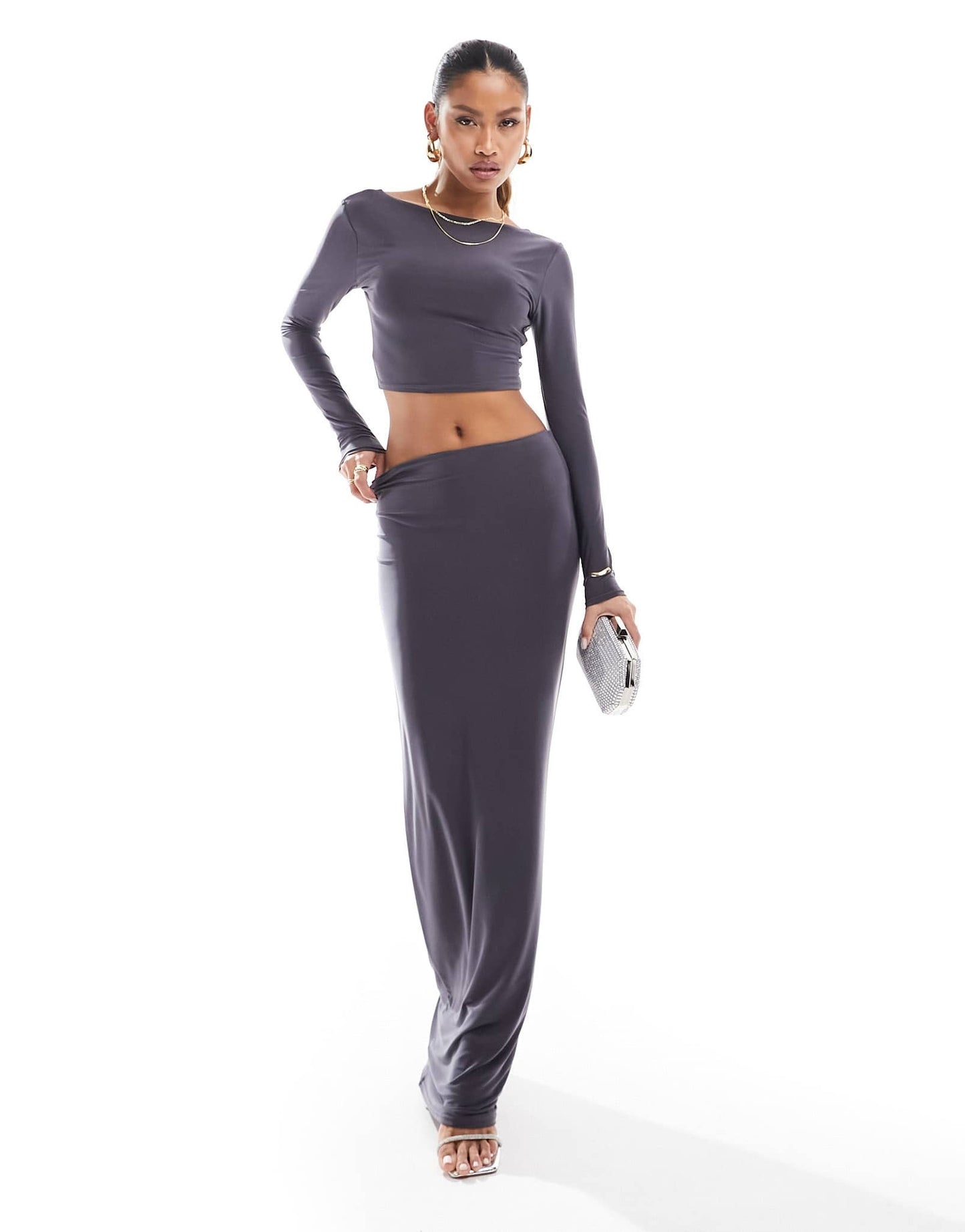 Kaiia exclusive double layered slinky low back top co-ord in slate blue