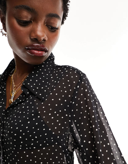 Monki long sleeve shirt in black mono dot print