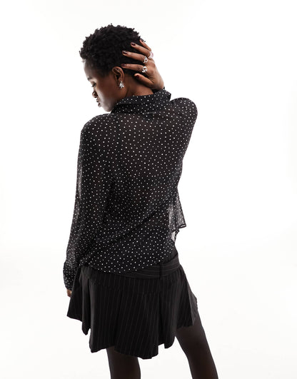 Monki long sleeve shirt in black mono dot print