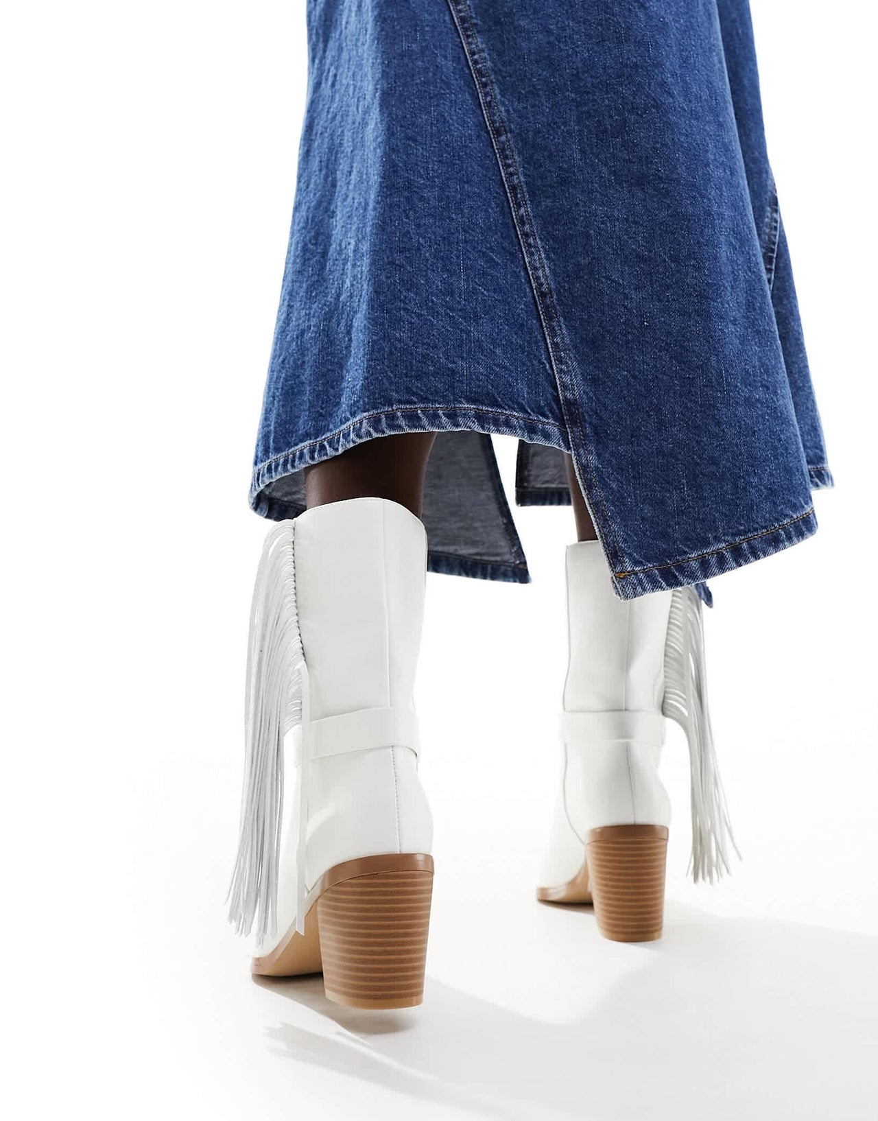 French Connection mid leg fringe western boots in white