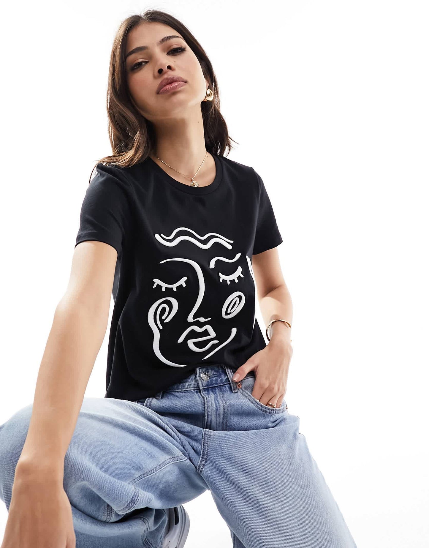 Vero Moda t-shirt with embroidered face in black