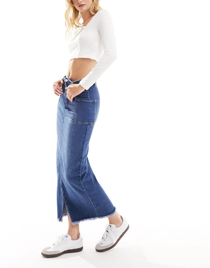 Vero Moda Tall split front maxi skirt with side pockets in dark blue denim