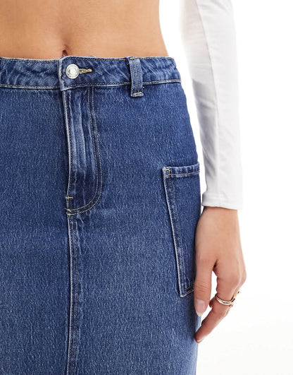 Vero Moda Tall split front maxi skirt with side pockets in dark blue denim